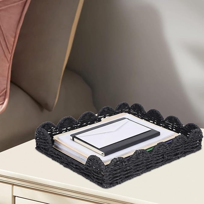 Woven Letter Tray, Paper Tray Organizer for Papers, Documents, Folders, Notebooks, and Stationery, Magazine File Holder, Mail Basket, Desk Organizers and Accessories, Office School Home Storage, Black