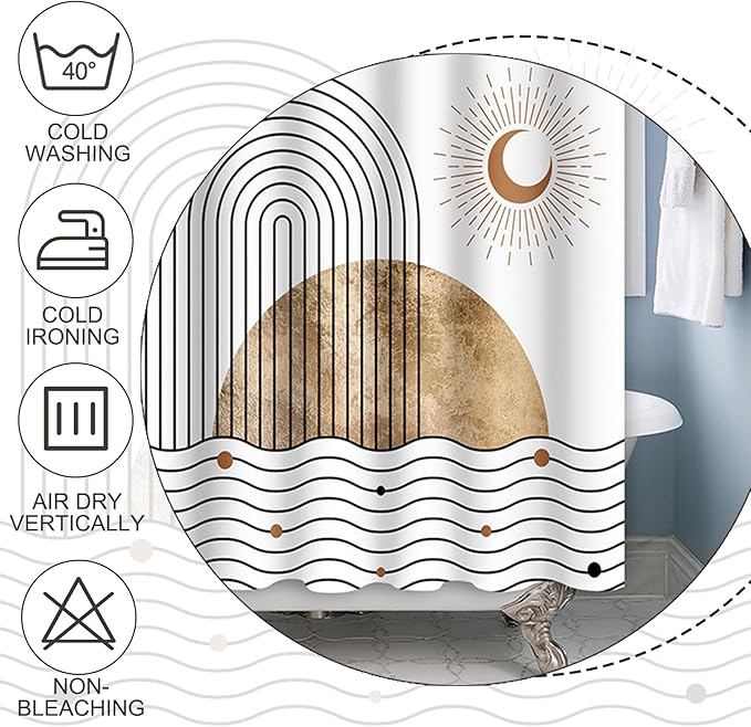 Baocicoo Boho Mid Century Shower Curtain Abstract Wave Shine Crescent Abstract Sun and Moon Shower Curtain for Bathroom Cubicle Durable Fabric Waterproof Curtain for Bathroom with Hooks 60x72 Inches