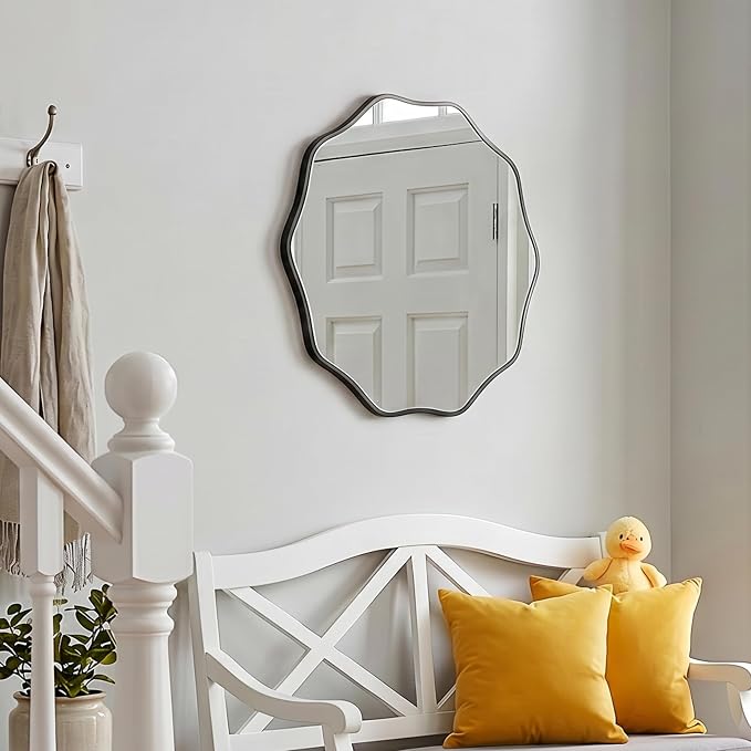 PERFNIQUE Black Scalloped Mirror, 24'' Round Wall Mirrors Wavy Wood Framed for Bathroom Nursery Bedroom Living Room Entryway, Decorative Modern Wall Decor