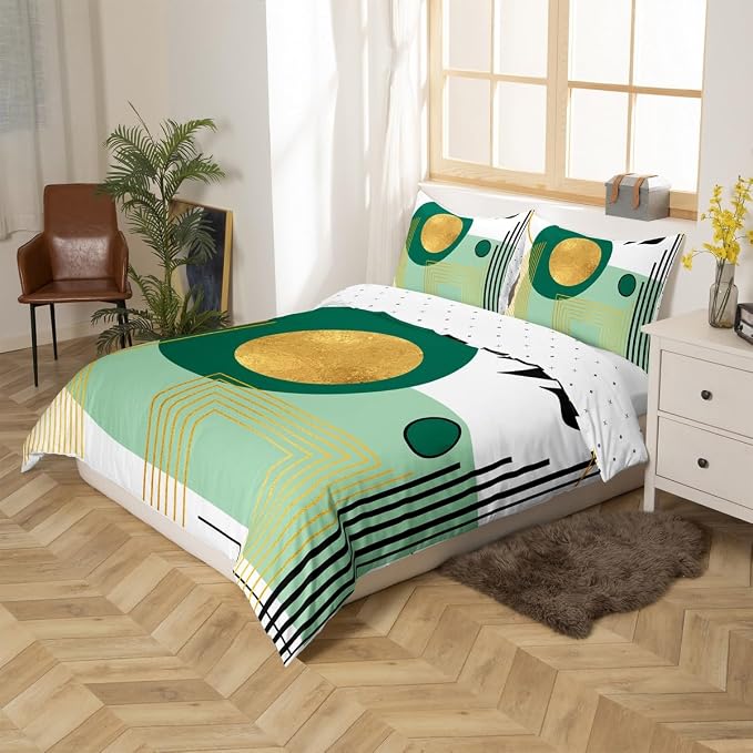Erosebridal Green and White Abstract Boho Duvet Cover King Size Minimalist Aesthetic Neutral Comforter Cover Mid Century Modern Bedding Set Botanical Leaves Geometric Bed Set