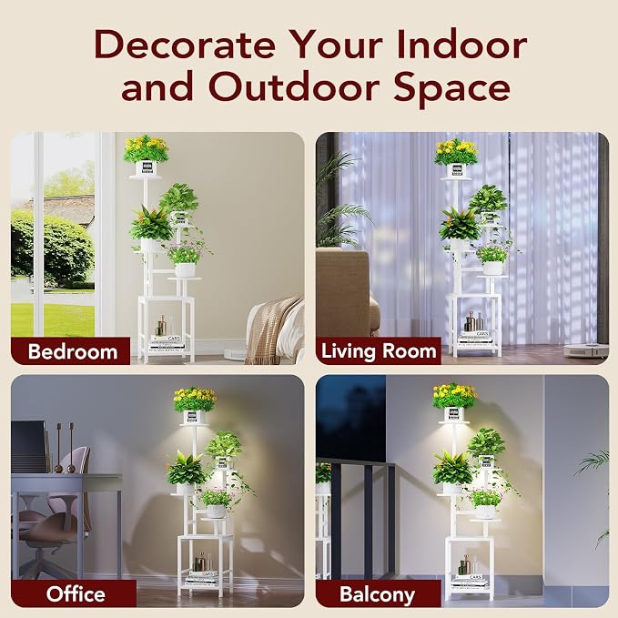Homsorout Plant Stand Indoor with Grow Light, 5-Tiered Tall Plant Stand Indoor, Metal Plant Shelf with Adjustable Light, Ideal for Living Room, Garden, Round Patio white