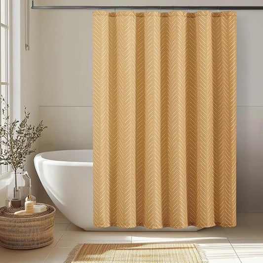 jinchan Mustard Shower Curtain with White Herringbone Striped Zig Zag Chevron Waterproof Fabric Modern Farmhouse Shower Curtains for Bathroom with 12 Hooks 70x72 Inches
