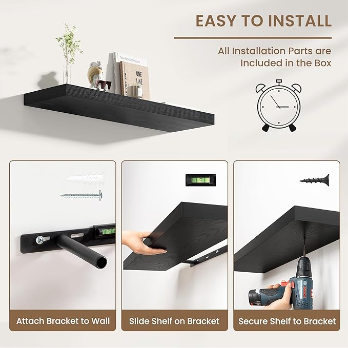 Dreamland 55 Inches Floating Shelves for Wall, 8" Deep Long Floating Shelves Set of 1, Large Display & Storage Shelf, Wall Shelf for Bathroom Bedroom Living Room Kitchen Office, Black