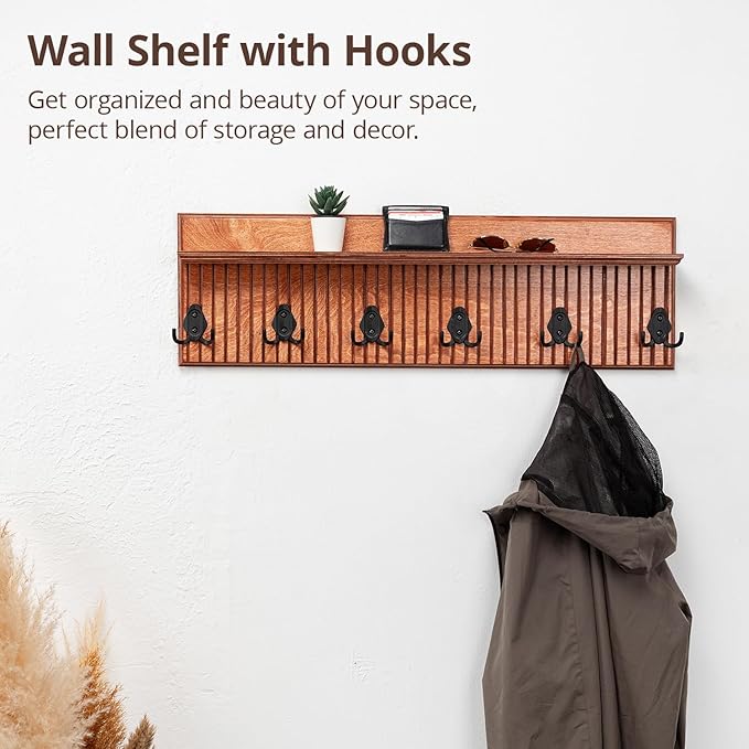 Rustic Wall Mounted Coat Rack with Shelf Wooden Entryway Organizer with 5 Metal Hooks for Coats Hats Towels Keys Floating Storage Shelf for Bathroom Bedroom (Mango Oxide, 40 inch Striped (4 Hooks))