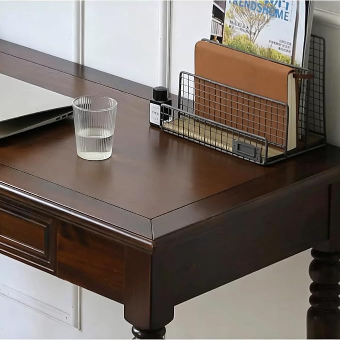 Solid Wooden Vintage Desk with Drawers, Small Dark Writing Desk with Drawers for Computer, Vintage Vanity Desk, Study or Gaming, Easy to Assemble (Walnut, 31.5in)