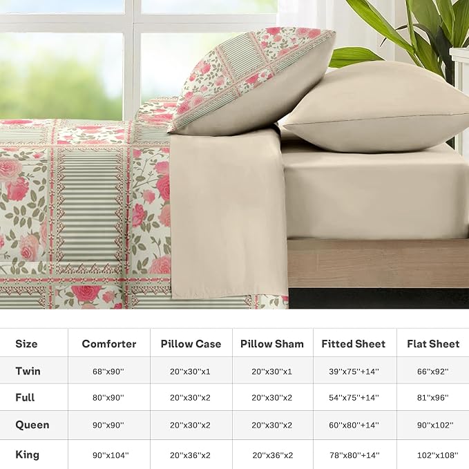 Nesker Comforter Set Queen Size, Floral Rose Leaves 7 Pcs Bedding for Kids and Adults, Shabby Chic Checkered Flower Bed Sheet Sets with Fitted Sheet 2 Pillowcases & 2 Shams