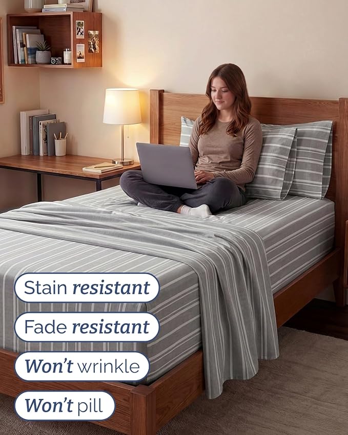 Extra Deep Twin XL Sheet Set - 4 Piece College Dorm Bed Sheets Set with Extra Deep Pockets - Ultra-Soft, Comfy & Breathable Bedding for Women, Men, Kids & Teens - Wrinkle & Fade Free - Grey Stripes 3