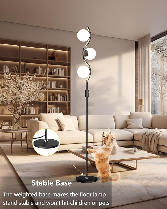 3 Globe Floor Lamp Dimmable Black Floor Lamps with 3 Soft Warm White 3000K Bulbs, Mid Century Modern Standing Tall Lamp with 5Lbs Heavy Basefor Living Room Bedroom Home Decor Sofa Beside