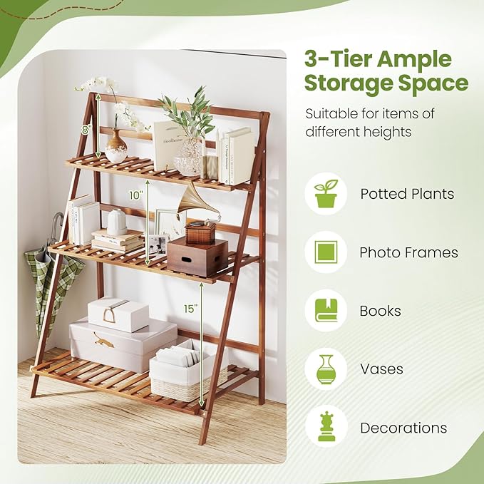 Giantex Folding Bamboo Plant Stand, 3-Tier Flower Pot Rack Display Shelf, Foldable Plants Holder Organizer Storage Shelving for Patio Garden Balcony Home Indoor Outdoor (Brown)