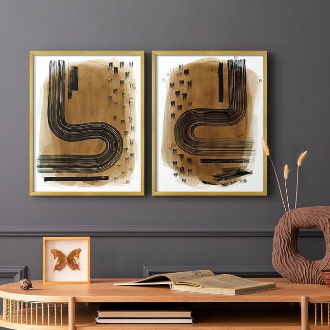 Renditions Gallery Set of 2 Peel & Stick Framed Prints, Abstract Wall Art, Hand Drawn Ink Curves Wall Decor, Re-Stickable - Ready to Hang - 8"x10" - GOLD Frame LT588
