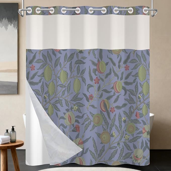 No Hook Shower Curtain with Snap in Fabric Liner - Vintage Botanical Fruit Floral Print, Waterproof Shower Curtains and Liner Set for Bathroom, 71″W × 74″H