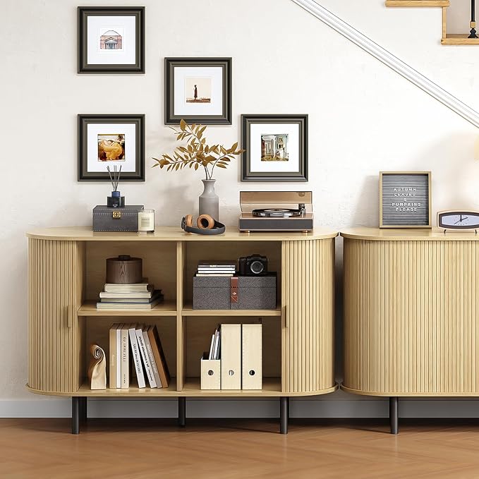 Buffet Cabinet with Storage, Fluted Sideboard Buffet with Sliding Door, Coffee Bar Cabinet with Adjustable Shelf, Console Table, Accent Table for Entryway, Kitchen (Oak, 48 Inch)