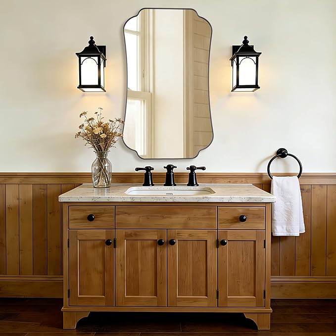 ANDY STAR Bathroom Vanity Mirror, 24x40 Matte Black Rectangle Mirror with Scalloped Round Corner, Vintage Metal Wall Mirror,Hangs Horizontal Or Vertical