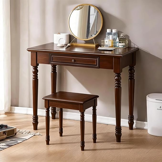 Solid Wooden Vintage Desk with Drawers, Small Dark Writing Desk with Drawers for Computer, Vintage Vanity Desk, Study or Gaming, Easy to Assemble (Walnut, 31.5in)