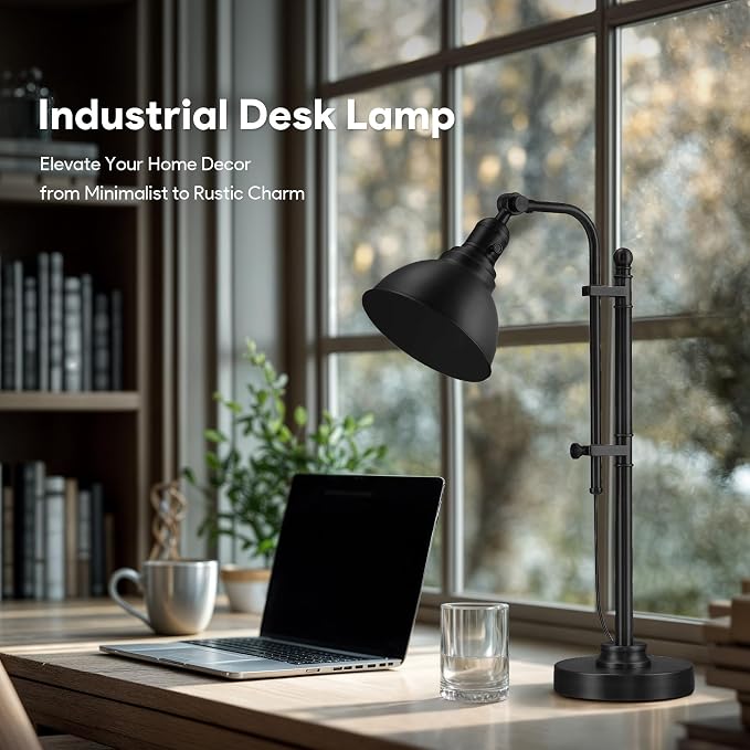 VONLUCE Rustic Desk Lamp Black Adjustable, Industrial Style Metal Task Lamps 25"-29", Vintage Work Light, Farmhouse Reading Lamp in Black Finish, ETL Certificate