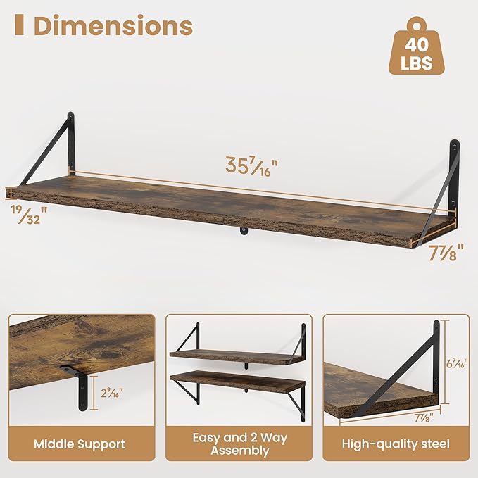 Heimlove Floating Book Shelves for Wall,35.4 Inches Long Wall Mounted Bookshelves,Heavy Duty Bracket Shelves for Living Room Kitchen,Laundry Room Storage & Decor,Set of 3,Rustic Brown