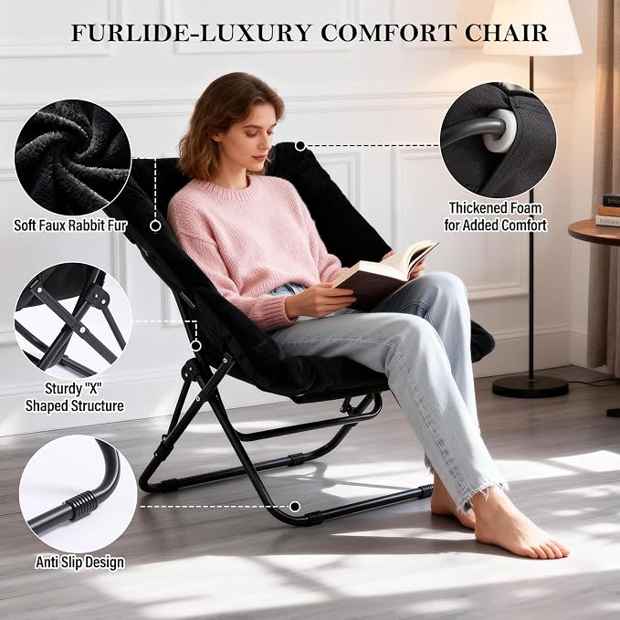 Furlide Saucer Chair, Comfy Bedroom Chairs, Oversized Folding Faux Fur Chair, Foldable Metal Frame Chair for Bedroom, Patio, Study, Playroom (Black)