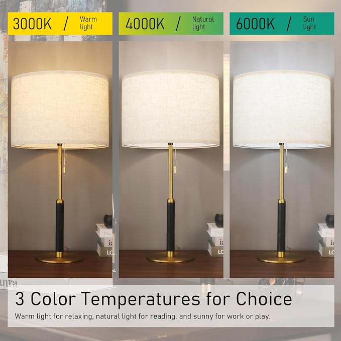 26.4" Set 2 Pull Chain Table Lamp Modern Mid Century Bedside Lamps for Living Room End Tables 3-Color Light for Bedroom, Solid Wood/Metal/Fabric Lamp for Home/Office/Desk (Light Brown+Brass)