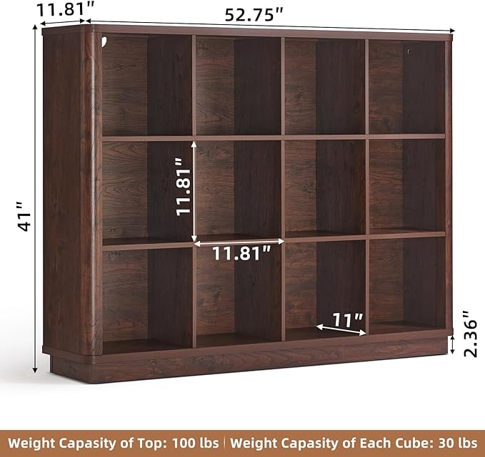 Joaxswe 12 Cube Storage Organizer, 41" Large Bookshelf with Curved Edge, Wood Floor Standing 3-Tier Cubby Bookcase w/Base, Vintage Display Storage Cabinet, Book Case for Living Room, Office, Walnut