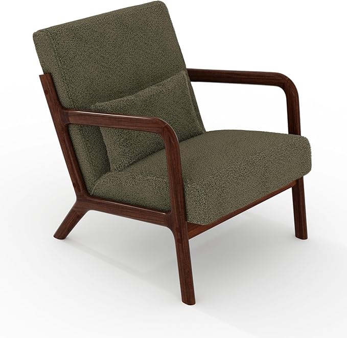 Garvee Mid-Century Modern Accent Chair, Sherpa Upholstery, Solid Wood Armchair with Removable Lumbar Pillow, Sturdy Reading Chair for Living Room, Bedroom, Guest Room, Easy Assembly, Green