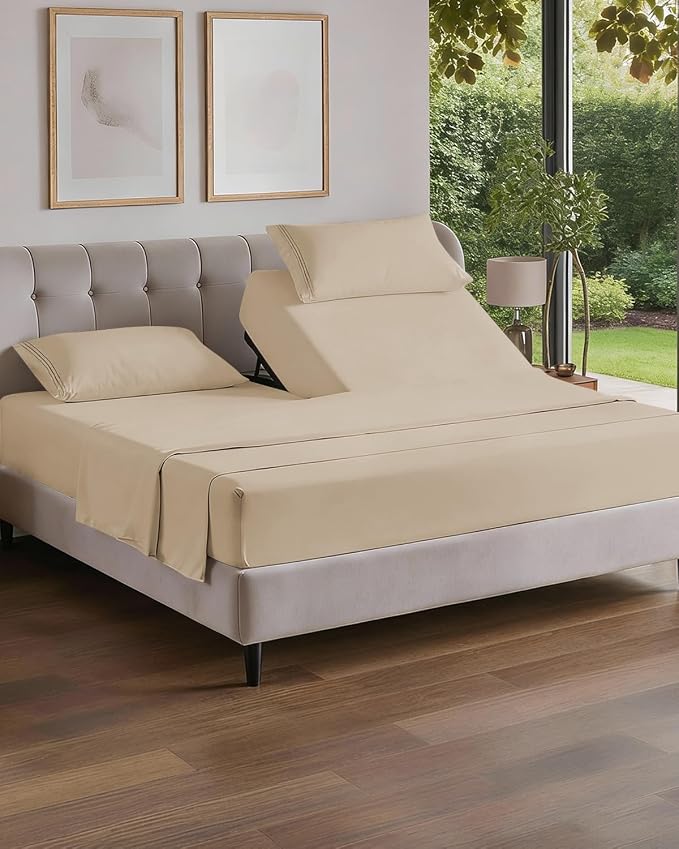 Flex Top Split Head King 4 Piece Sheet Set - Ultra-Soft, Breathable & Cooling Bed Sheets Set - Hotel Luxury Bedding for Women & Men with Deep Pockets - Wrinkle Free & Fade Resistant - Oeko-Tex - Cream