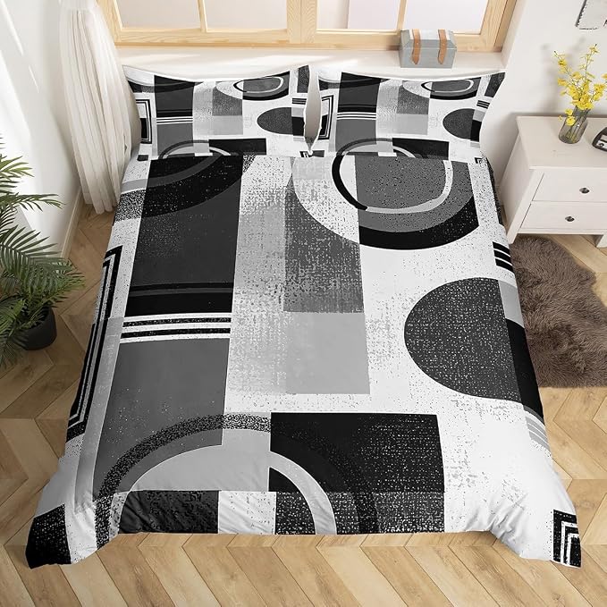 Geometric Striped Circle Duvet Cover Set Toddler Size,Abstract Aesthetic Simple Art Bedding Set,Boys Girls Room Decor,Graffiti Retro Squares Comforter Cover,Grey Quilt Cover,1 Pillowcase(No Filler)
