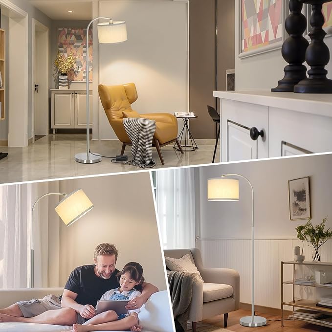 Arc Floor Lamp, Dimmable Floor Lamp for Living Room, Standing Lamp with Adjustable Drum Shade, Tall Pole Lamp for Bedroom Study Room Office, 9W 3000K LED Bulb Included