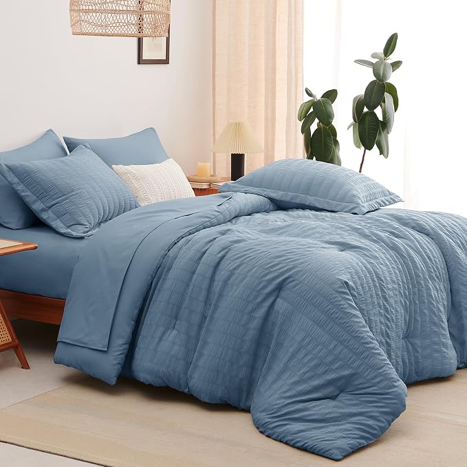 CozyLux Full Size Comforter Sets Grayish Blue, 7 Pieces Seersucker Textured Bed in a Bag Dusty Blue, All Season Bedding Sets with Down Alternative Comforter, Sheets, Pillowcases & Shams, Home Gift