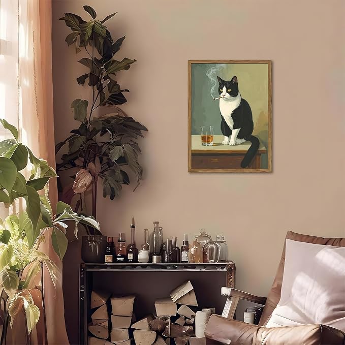Funny Cat Wall Art Cute Black and White Tuxedo Cat with Cigarette Wall Decor Painting Vintage Animal Bar Poster Canvas Picture Print for Living Room Bedroom 12x16 inch Wood Framed