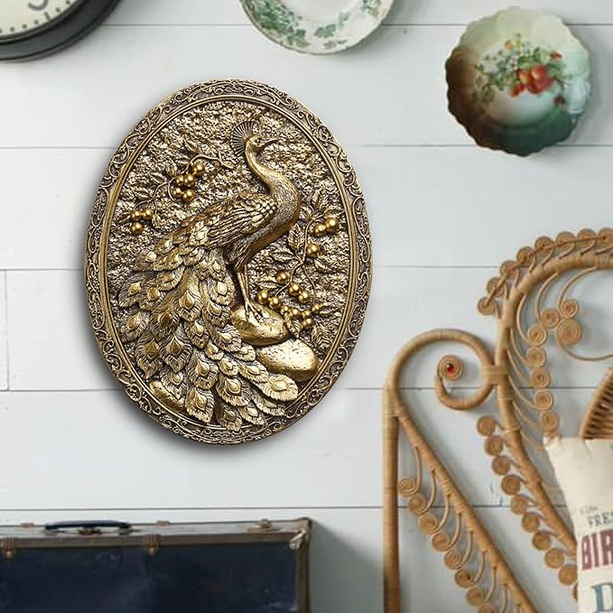 Vintage Peacock Wall Sculpture Antique Wall Decor,Retro Art Peacocks Wall Sculpture,Hand Painted Wall Decoration with Peacock Design,Vintage Wall Decor for Living Room Hallway Bedroom,Unique Gifts