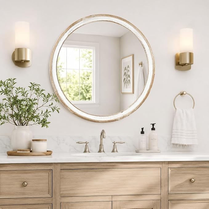 Reflinto 24 Inch Rustic Farmhouse Round Mirror for Wall Decor, | Whitewashed Wooden Circle Mirrors for Bathroom Over Sink, Bedroom, Entryway, Living Room, Kitchen, Office