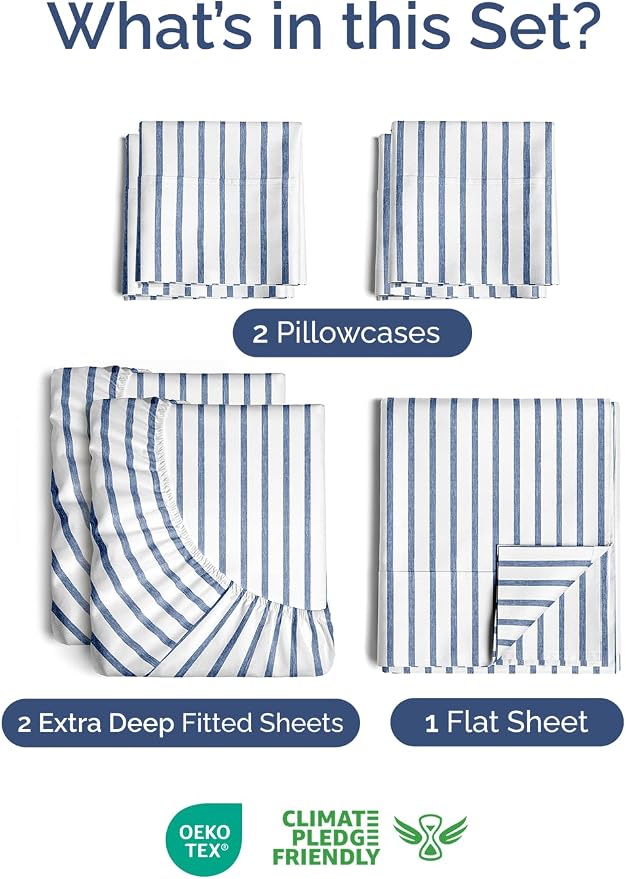 Extra Deep Split King Sheet Set - 7 Piece Breathable and Cooling Sheets - Hotel Luxury Bedding for Women, Men, Kids & Teens - Secure Fit - Soft and Wrinkle Free with Extra Deep Pockets - Blue Stripes