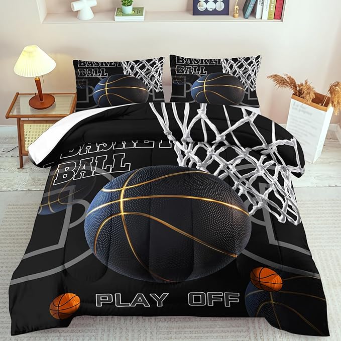 Basketball Comforter Set Queen Bedroom Decor,Sports Comforter Sets for Boys,Black Basketball Bedding Queen,Gold Sports Bedding for Teen,Black Bedroom Decor Boys,Ball Games Quilt Set