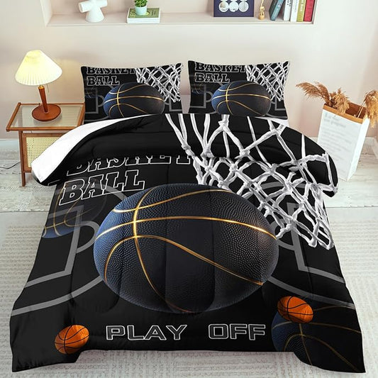 Basketball Comforter Set Full Bedroom Decor,Sports Comforter Sets for Boys,Black Basketball Bedding Full,Gold Sports Bedding for Teen,Black Bedroom Decor Boys,Ball Games Quilt Set