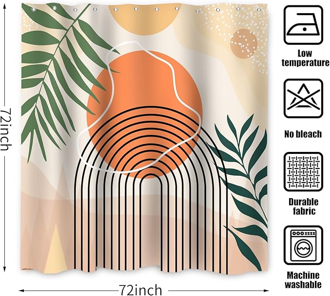 Boho Shower Curtain, Abstract Mid Century Modern Arch Sun Tropical Leaf Machine Washable Waterproof for Bathroom Bathtub with Hooks 72x72