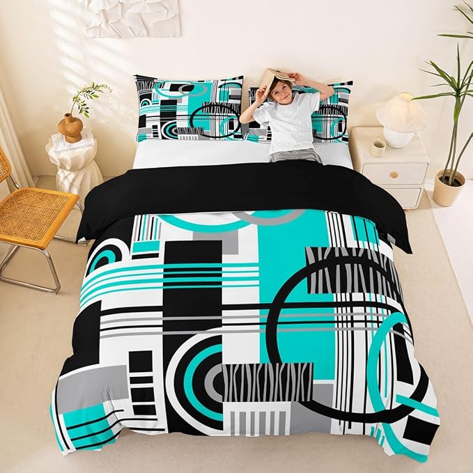 Erosebridal Art Deco Mid Century Duvet Cover Set Retro Modern Abstract Geometric Full Size Bedding Sets for Teen Boys Black and White Teal Circles Stripes Comforter Cover Contemporary Bed Set