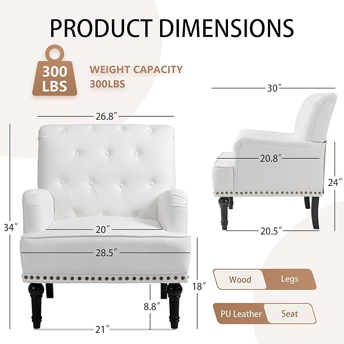 MOJAY PU Leather Accent Chair, Mid-Century Armchair Living Room Sofa Chair with Rubber Wood Leg, Club Chair with Rivet Trim for Bedroom Reading Room Reception (White)