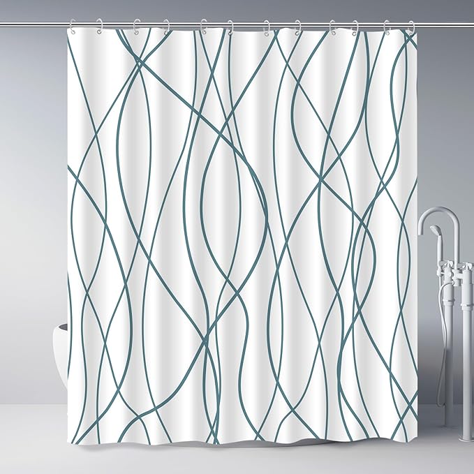 Punkray Lake Blue Shower Curtain for Bathroom with Hooks, Extra Long Shower Curtain Set Stripe Shower Curtains, Weighted Hem Water Repellent Washable, 72 x 72