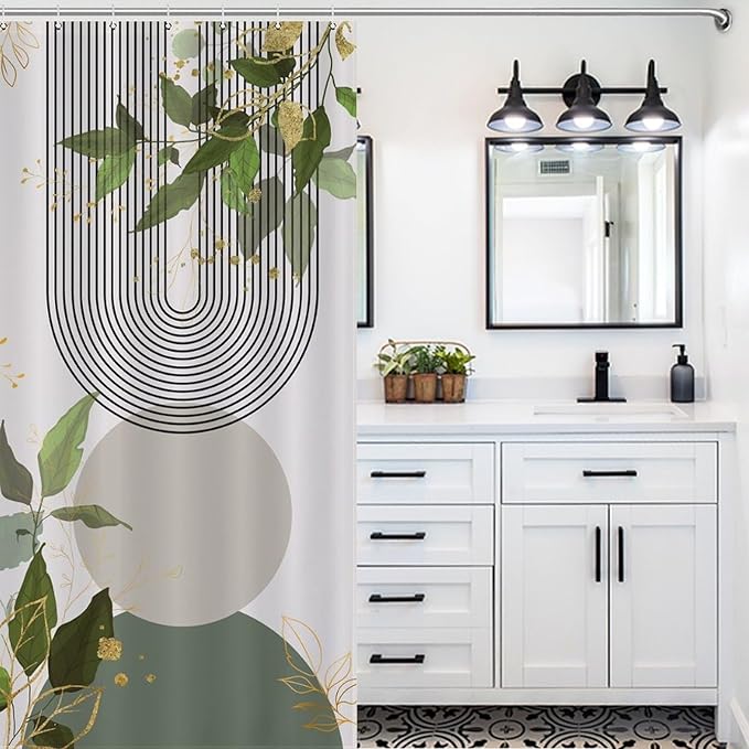 Boho Green Shower Curtain, Mid Century Modern Abstract Gold Leaves Plant Minimalist Bathroom Curtain Polyester Waterproof Fabric Decor 72x72in（183x183cm）