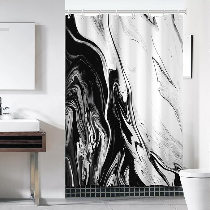 Black and White Shower Curtain, Modern Abstract Black Marble Shower Curtain for Bathroom Aesthetic Ink Texture Waterproof Shower Curtain Set with Hooks, 60x72 Inch