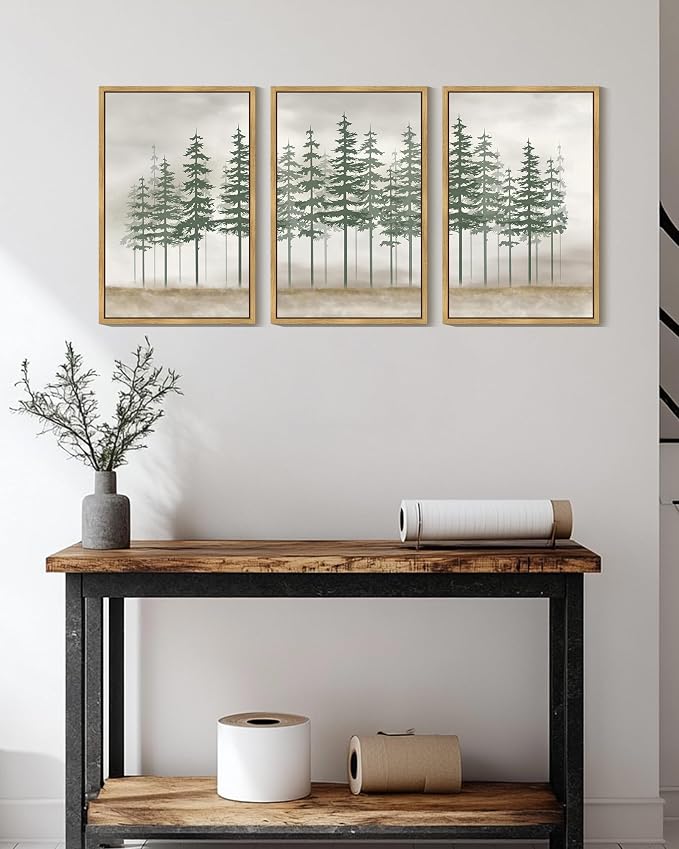 KUVIOKE Green Foggy Misty Pine Tree Framed Canvas Wall Art Watercolor Nature Abstract Forest Wall Decor Rustic Minimalist Painting for Bedroom Dining Room 16x24in (Natural Framed)