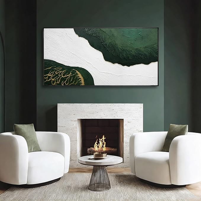 Abstract Canvas Paintings Line Framed Wall Decor Green and White Hanging Art 24"x48" Artwork for Bedroom Kitchen Office