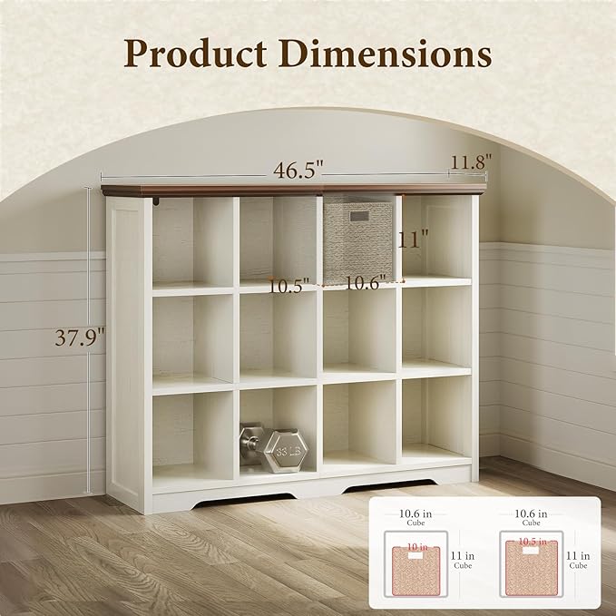 OffiGo 12 Cube Organizer Bookcase, Modern Farmhouse Open Shelf for Storage Bins & Decor, Display Bookshelf Console Closet for Living Room, Bedroom, Home Office, Walnut+White
