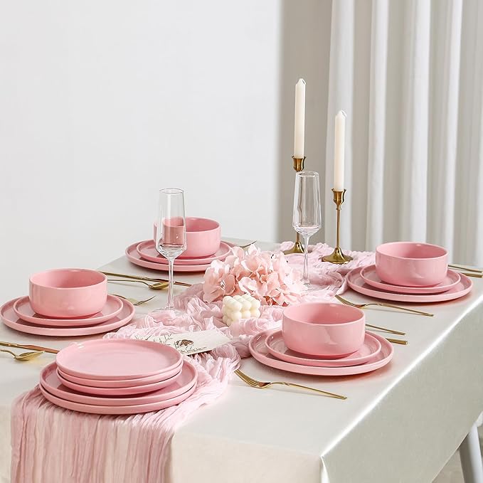 GZG Modern Art Series - 6 Pcs Speckled Stoneware Plates and Bowls Sets, Ceramic Dinnerware Set with Rustic Terracotta Underside, Microwave and Dishwasher Safe Handcrafted Dishes Set - Blush Pink