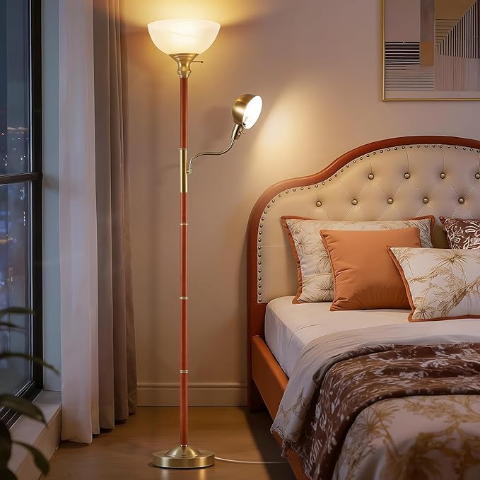 EJIAXIN Wood Floor Lamp for Living Room - Gold Torchiere Floor Lamps for Bedroom Standing Lamp with Glass Shade - Mid Century Modern Corner Tall Lamps for Home Office Nursery Reading Light,2 Head