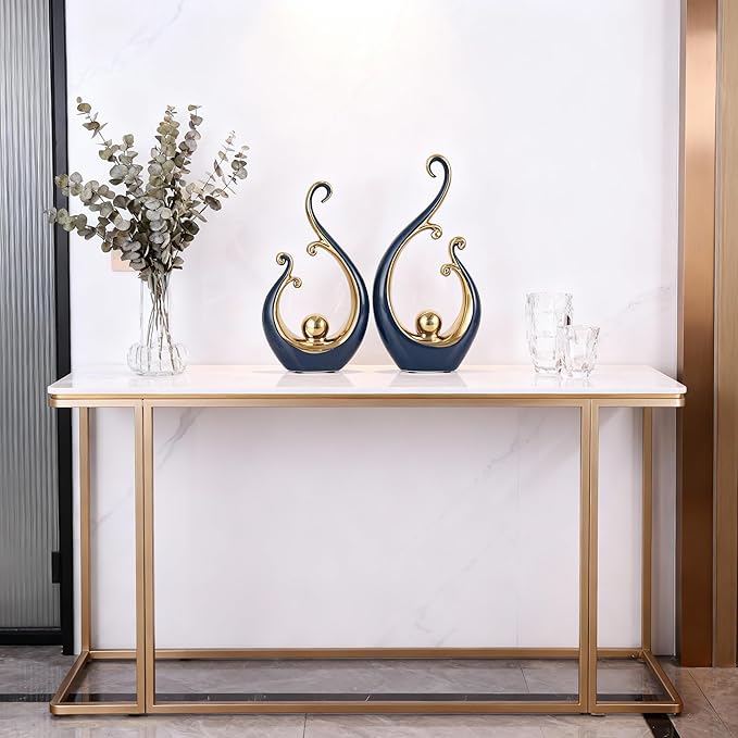 DOVDOV Blue and Gold Home Decor, Abstract Ceramic 2-Piece Sculpture Set, Modern mid-Century Art Statues, Perfect for Accent Tables, countertops, Coffee Tables, and entryway Decor.