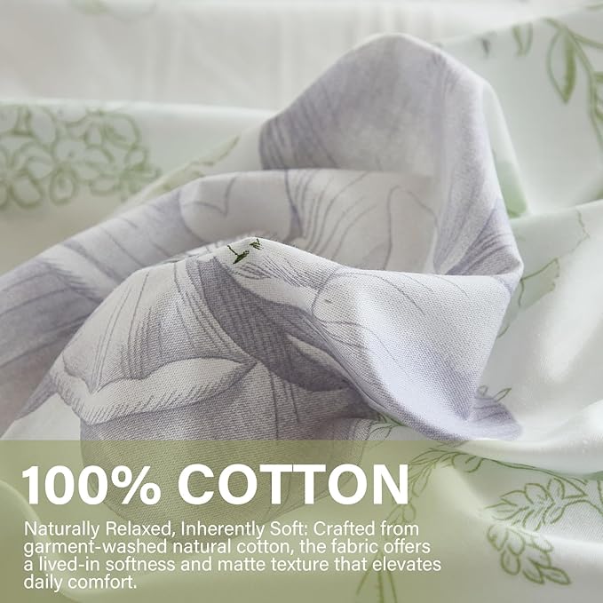 Floral Duvet Cover King Size 100% Cotton Reversible Green Floral Duvet Cover Set with Zipper Closure 3 Pcs Green Leaf Soft & Breathable Bedding Comforter Cover