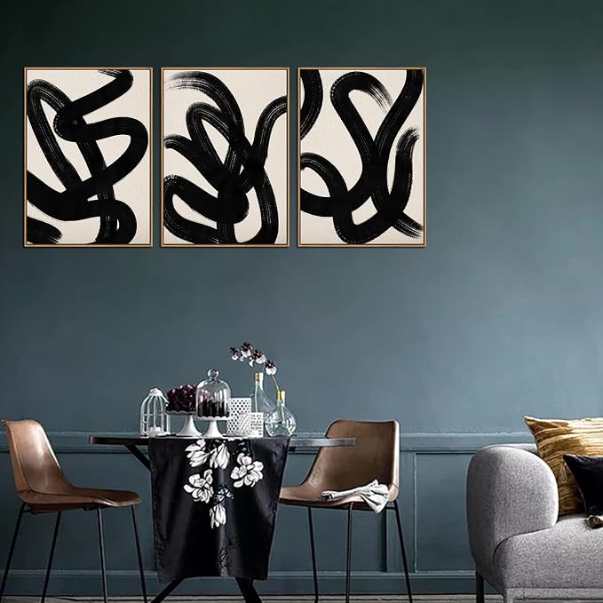 Framed Wall Art Canvas Set Abstract Lines Pictures Modern Mid Century Boho Wall Decor Minimalist Abstract Black Stroke Lines Canvas Painting Artwork Living Room Bedroom Home Office 20"x28"x3 Natural