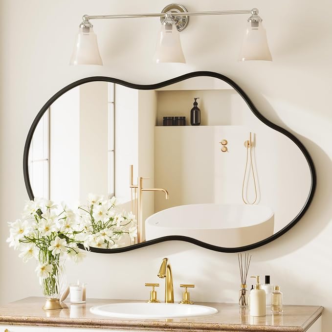 40”x 24” Irregular Wall Mirror, Large Bathroom Mirror, Abstract Black Framed Mirrors, Asymmetrical Wavy Decor Mirrors for Bathroom Living Room Bedroom Entry Way (Horizontal/Vertical)