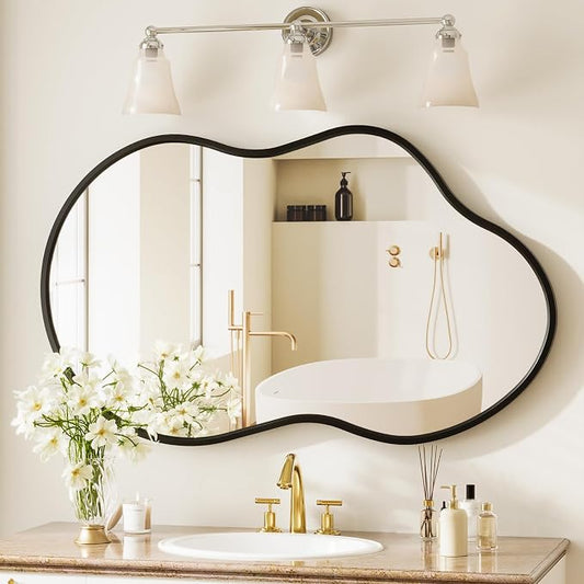 40”x 24” Irregular Wall Mirror, Large Bathroom Mirror, Abstract Black Framed Mirrors, Asymmetrical Wavy Decor Mirrors for Bathroom Living Room Bedroom Entry Way (Horizontal/Vertical)